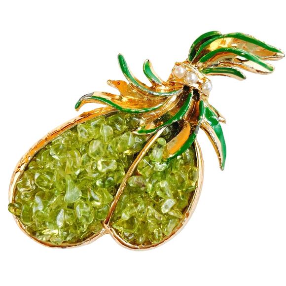 Vintage Mid Century Tropical Brooch Green Glass Nugget Enamel Gold Tone Pin - Picture 1 of 10